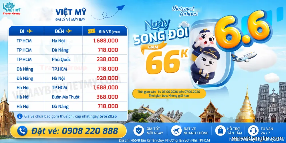Vietravel Airlines ưu đãi ngày Song Đôi 06/06