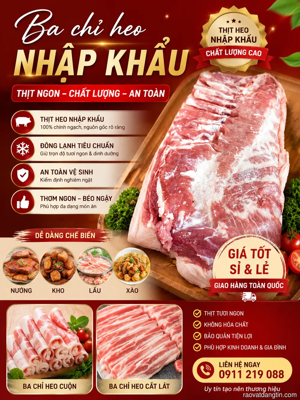 Thịt Ba Chỉ Heo Đông Lạnh Cho Bếp Ăn Công Nghiệp